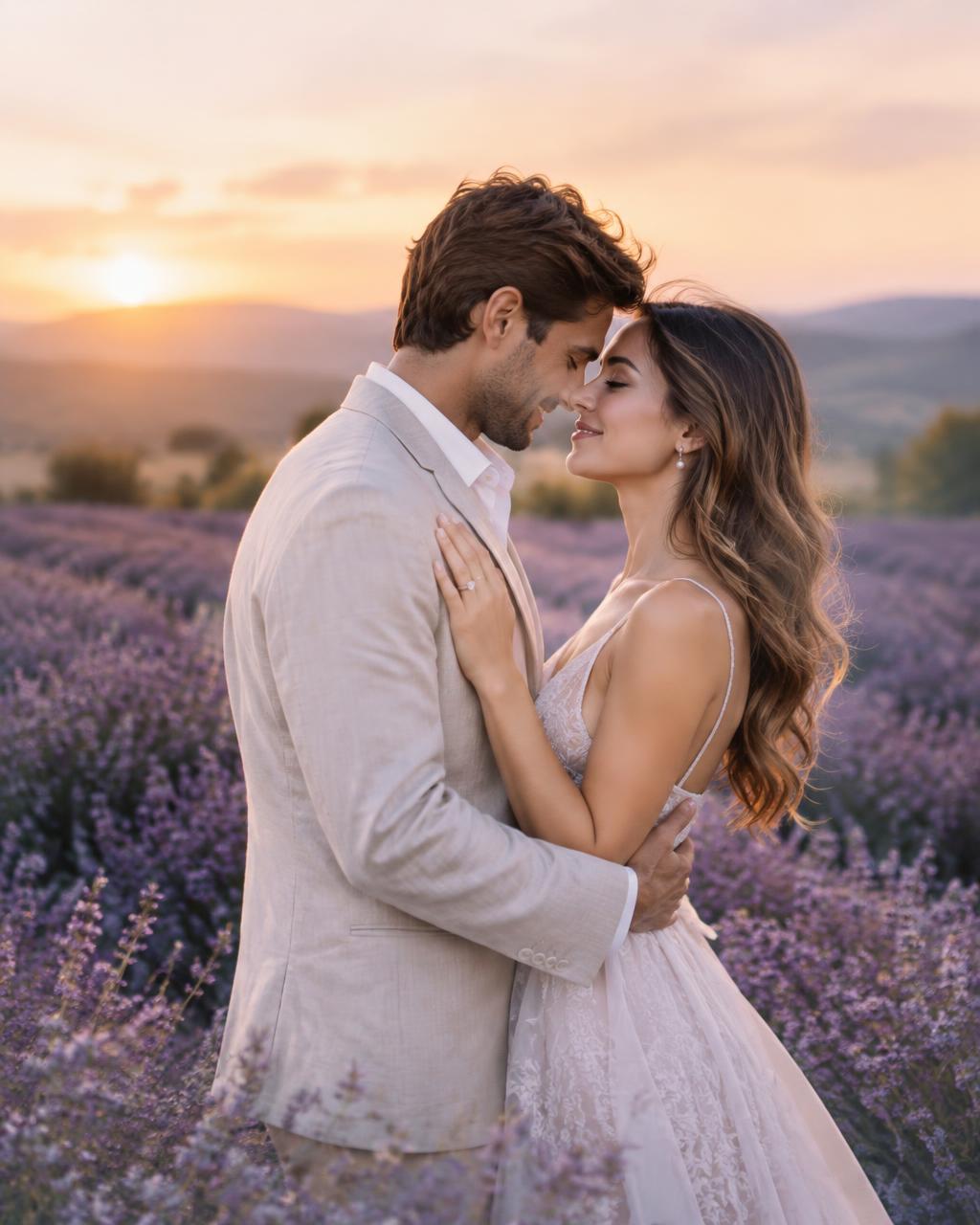 Engagement session in a lavender field at sunset
